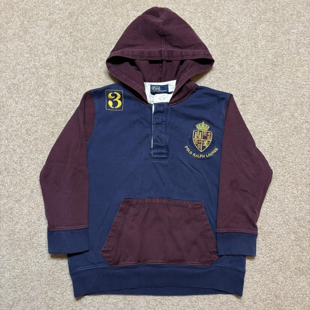 Vtg Polo Ralph Lauren Hoodie Sweatshirt Boys 6 Blue Maroon Crest Rugby 3 Patch